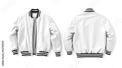 Two views showcase a stylish white varsity jacket with black striped accents on a clean background.