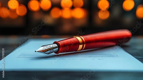 A beautiful red fountain pen sits on a detailed document, ready to write.
