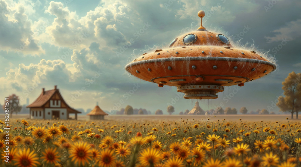 Obraz premium UFO over sunflower field . Generative AI