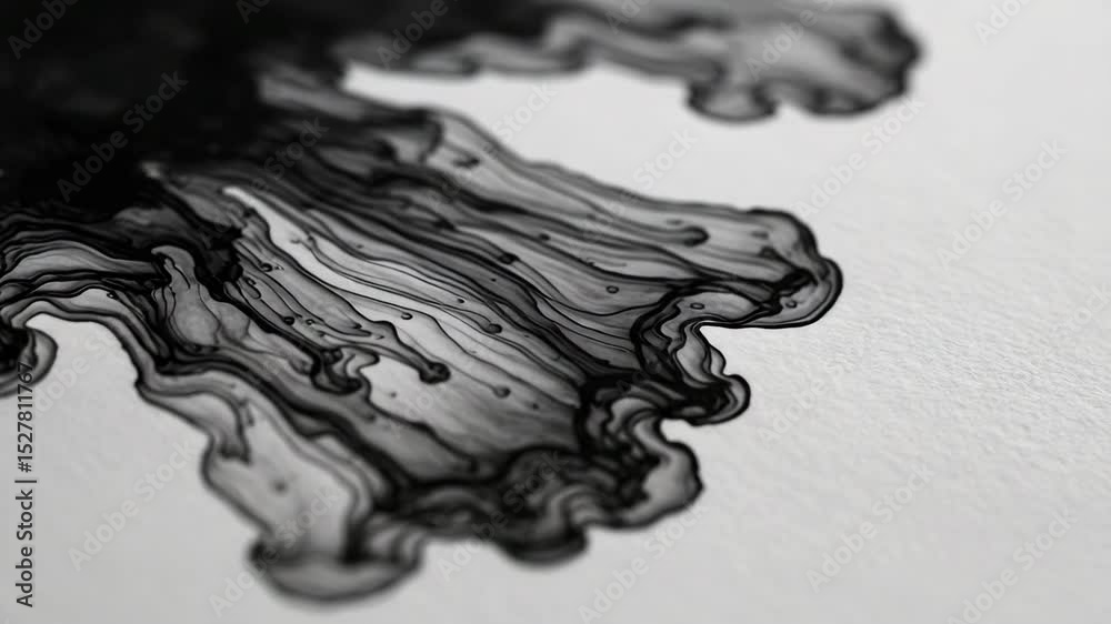 Abstract black ink drawing with fluid shapes on textured paper  