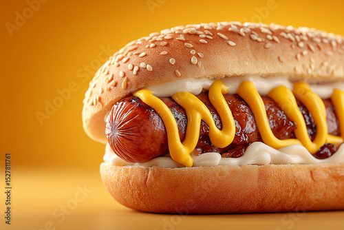 hot dog with mustard in bun, photorealistic style on clean yellow background 