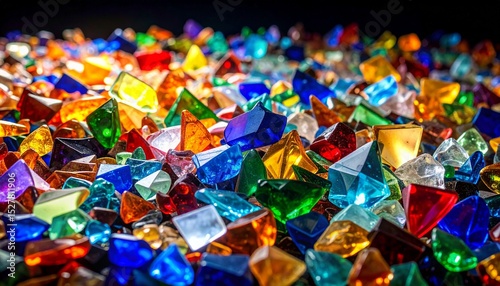 Ethereal stained glass pieces floating in chaotic harmony, vibrant colors contrasting against dark void, silent sorrow palpable in the scene