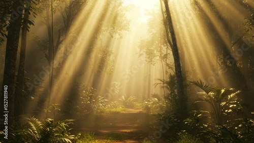 Sunlight streaming through trees in a lush green forest  