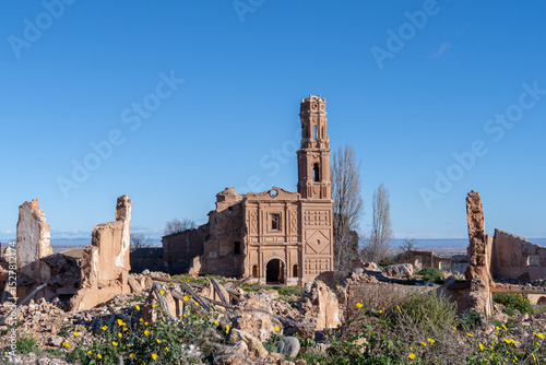 Ruins of the ancient city of Belchite. Church and tower