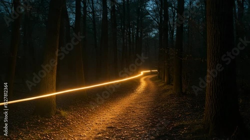 Mysterious illuminated path winding through dark forest at night  