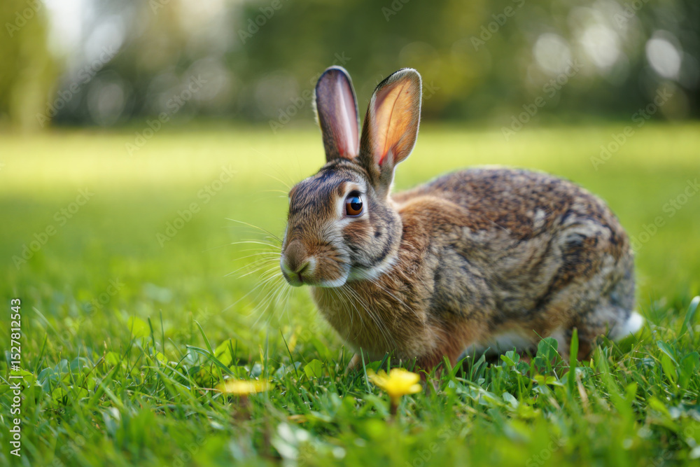 Fototapeta premium Wild rabbit exploring green grass field in nature preserve