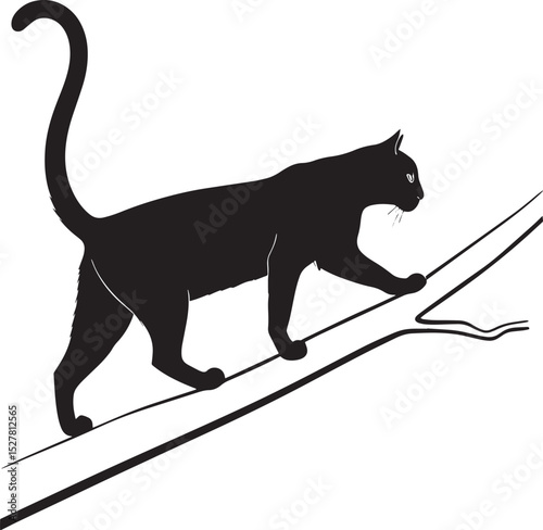 Black domestic cat silhouette vector illustration, isolated pet animal drawing