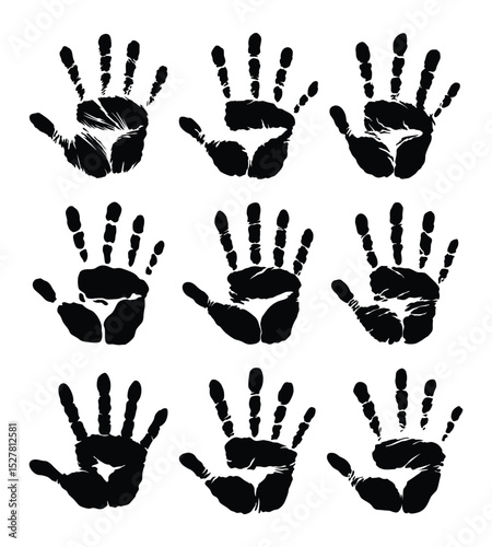 Hand print black silhouette isolated on white background. Child handprint. Creative paint hand prints. Happy childhood design. Artistic kids stamp, bright human fingers and palm. Vector illustration