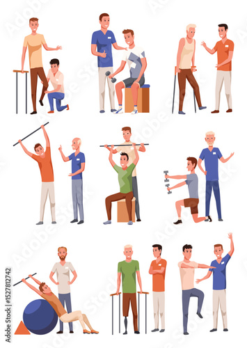 Therapists helping patients during physio therapy and rehabilitation set. Physiotherapy treatment for people with physical disabilities. Flat graphic vector illustration isolated on white background