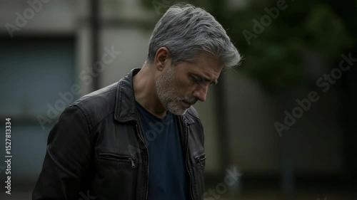 Mature man looking down with a serious expression outdoors  