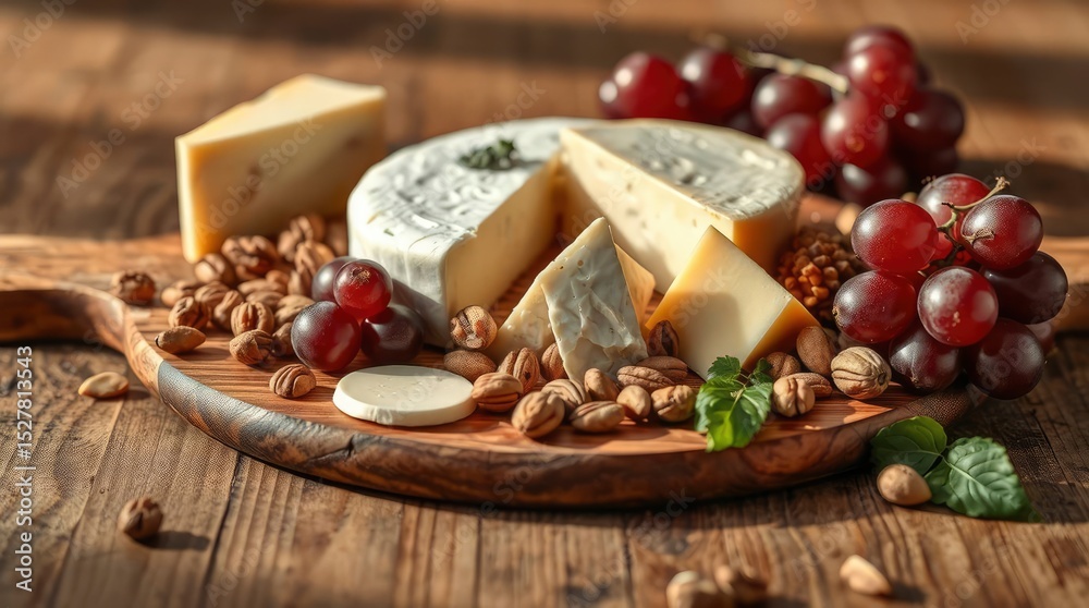 Fototapeta premium Artisan cheese, nuts, and vibrant grapes sit on a rustic wooden board in warm, inviting light.