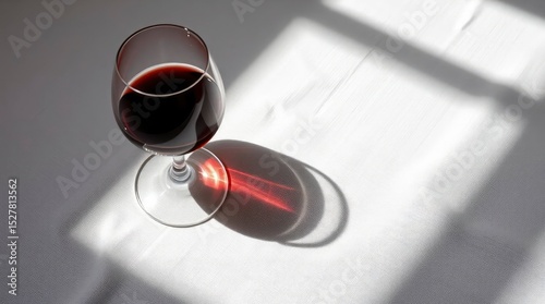 A glass of dark red wine casts bold shadows on a bright white textured surface creating contrast