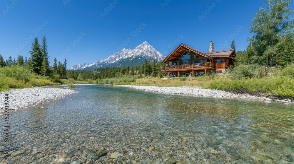 Obraz premium Log cabin by a mountain stream