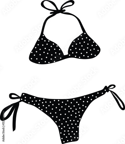 black and white vector swimsuit, black and white polka dots bikini swimsuit isolated on transparent background
