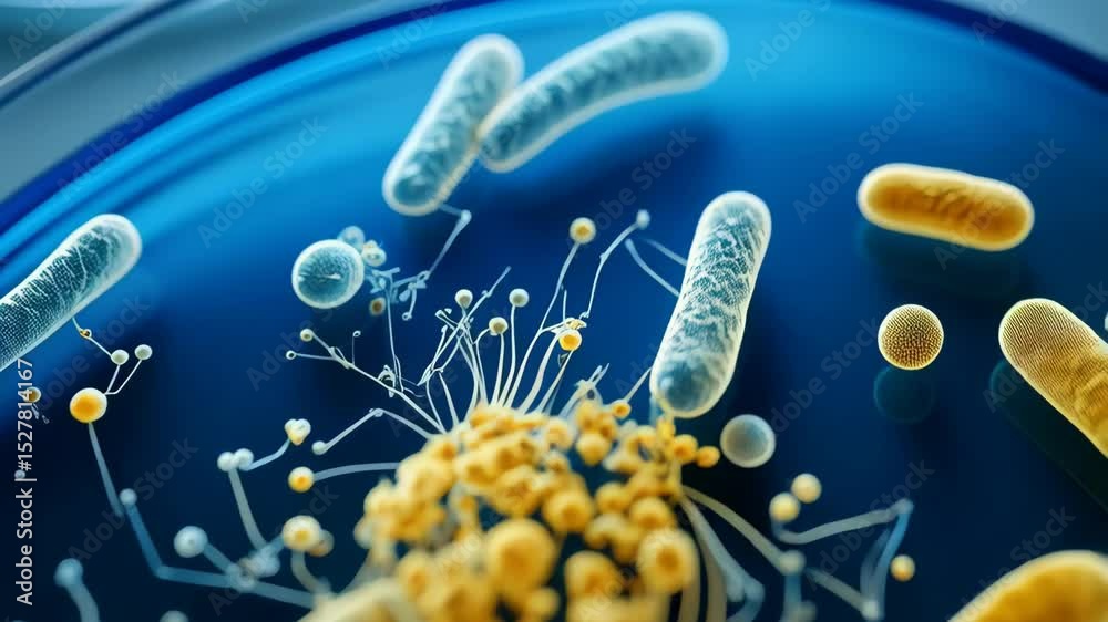 Petri dish filled with microscopic germs, rod-shaped bacteria, viruses ...