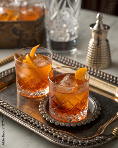 A sophisticated whiskey and orange cocktail sits elegantly on an ornate silver tray, accompanied by two glasses. The cocktail is garnished with a zesty orange peel