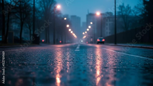 Wet city street at night with glowing lights and rain reflections  