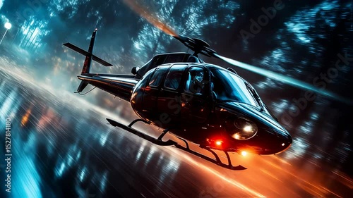 Futuristic helicopter soars through the night city with streaking light effects