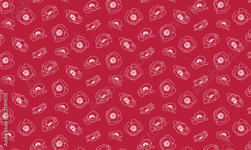 Poppies pattern vector seamless line ornament for textile, fabric, interior, ceramic, wallpaper, paper decoration on red background