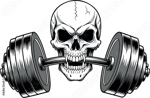 Aggressive Skull And Barbell Graphic - Intense Weightlifting Fitness Mascot in Monochrome Vector Art.