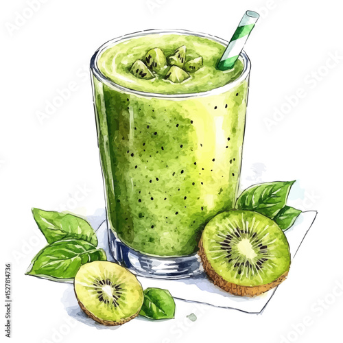 Kiwi Smoothie, watercolor vector, high quality, isolated on a white background.