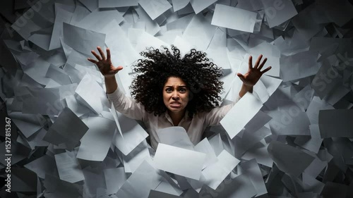 Woman overwhelmed by scattered papers while reaching for help  