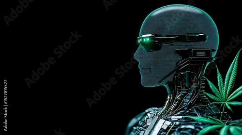 Futuristic Robot Head Profile with Marijuana Plant AI and Cannabis Technology Concept