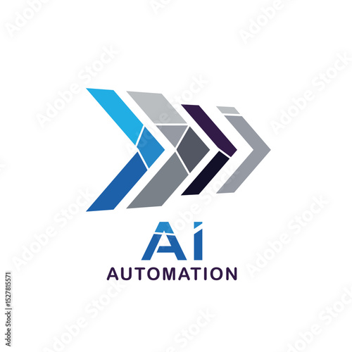 Modern and dynamic logo for AI automation, featuring abstract overlapping arrow shapes in various shades of blue and gray, symbolizing progress and tech.