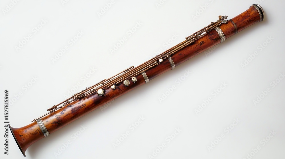 Fototapeta premium A bassoon with a wooden body, ample space for text on the right, set against a white backdrop