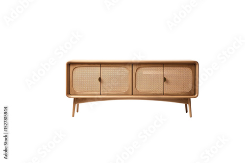 Mid-century modern wooden sideboard with rattan insets, sleek design, and tapered legs. background removed