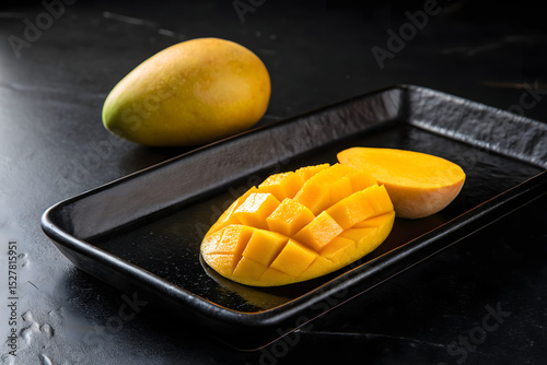 Fresh Mango on black tray and black background