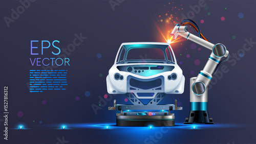 Robot welder in automobile industry. White robots welding car body on automobile factory. The industry robotic arm with a laser ray or beam on car factory. A car on the robotic assembly line.