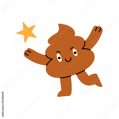 Cartoon poop character jumping up and playing with a shiny star, joyful and magical in a cute, fun scene. Vector illustration.