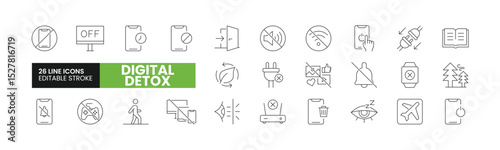 Set of 26 Digital Detox line icons set. Digital Detox outline icons with editable stroke collection. Includes No Phone, No Social Media, No WiFi, Environment, Airplane Mode, and More.