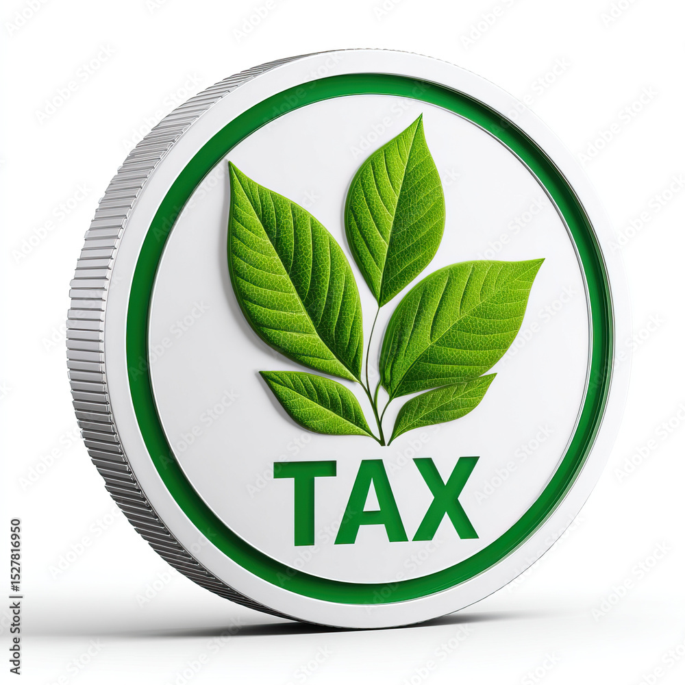 Eco coin with green leaf symbol and tax text, representing environmental tax concept with fresh natural design Eco coin with green leaf symbol and tax text, representing environmental tax concept with fresh natural design
