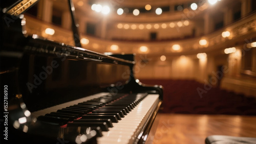 Grand piano on stage, keys softly lit, warm glow around. Elegance and artistry in a timeless moment.	