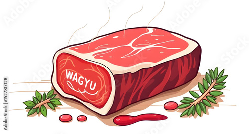 Wagyu beef, Wagyu steak, Beef steak illustration, Grilled steak, Japanese beef, Premium meat, Meat illustration, Marbled beef, Steak vector, Wagyu meat drawing, Vector illustration, Hand drawn steak, 