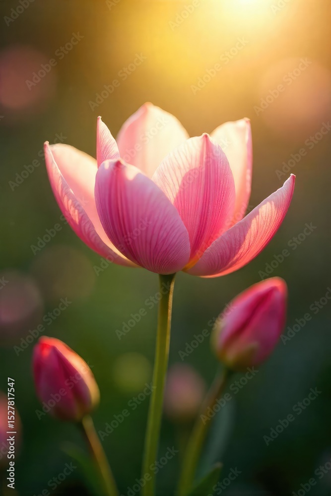 Fototapeta premium Close-up of a single, delicate flower, bathed in soft sunlight, petals unfurling in perfect symmetry; a visual representation of beauty and tranquility , natural light, garden, delicate