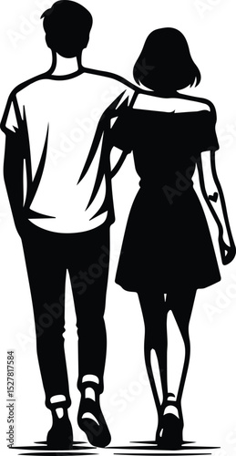 Romantic Couple Walking Hand-in-Hand A Black and White Illustration