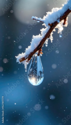Close-up of a single tear frozen on a frosty branch, winter's icy grip evident The delicate balance between fragility and cold, harsh beauty , frozen water, frost