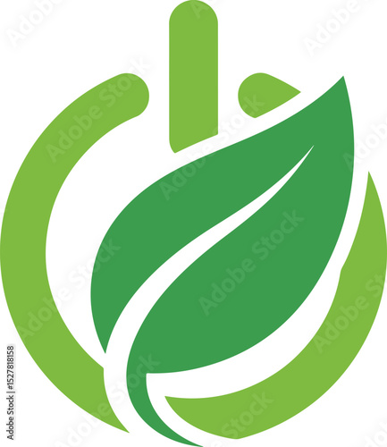 Green Power Button with Leaf - Eco-Friendly Energy Turn On/Off