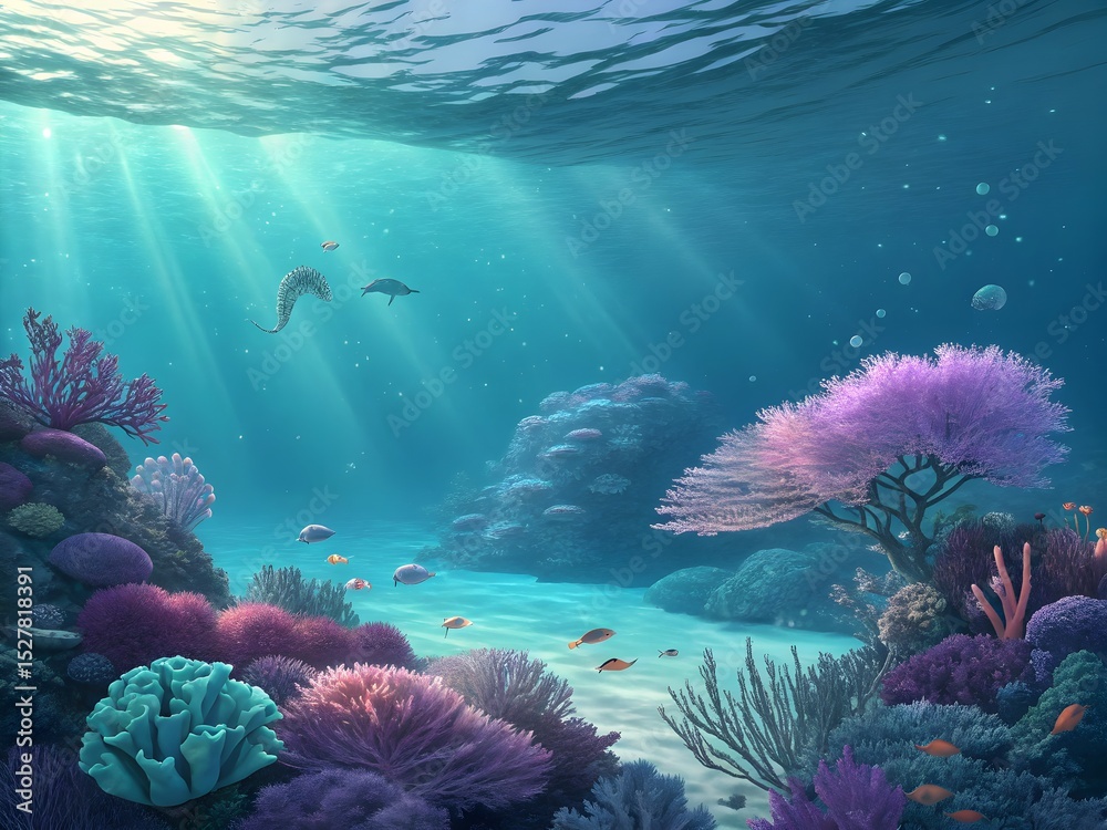 Fototapeta premium Submerged Coral Oasis: Experience the serene beauty of a vibrant coral reef ecosystem, where sunlight filters through the water. This underwater paradise is teeming with life.