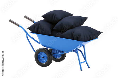 Blue wheelbarrow with dark pillows. Transparent background, ready for digital compositing