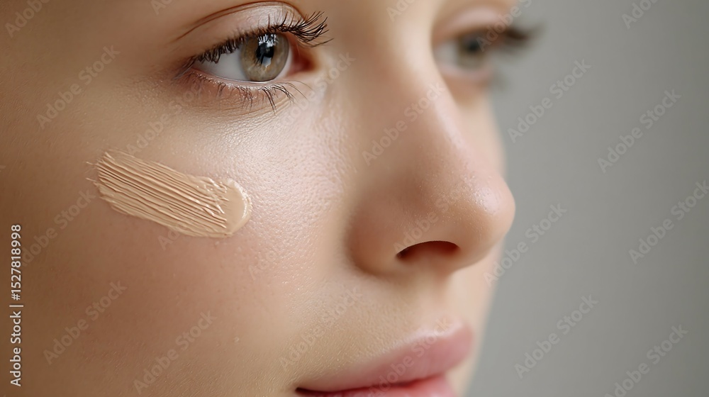 Fototapeta premium Close-up of a Young Woman's face with foundation swatch for makeup and beauty concepts