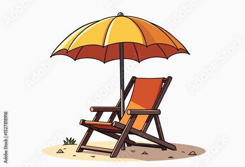 Escape to a sunny paradise with this inviting beach scene, featuring a comfortable orange deck chair under a large yellow umbrella for summer vacation relaxation.
