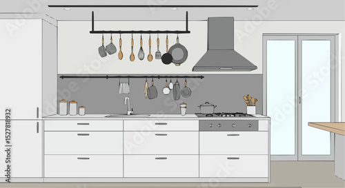 Modern kitchen interior with stove, cabinets, and kitchenware, flat vector illustration”