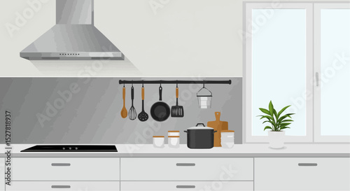 Modern kitchen interior with stove, cabinets, and kitchenware, flat vector illustration”