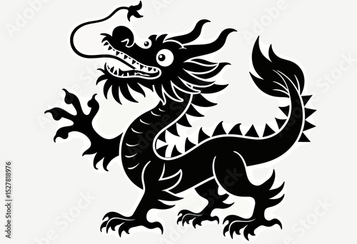 A powerful black silhouette of a traditional Chinese dragon in a classic pose, a symbolic representation of strength, good luck, and ancient mythology.
