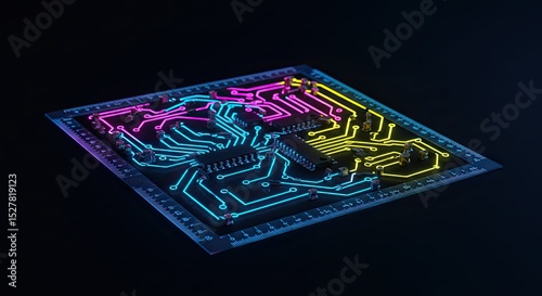 Glowing circuit board with vibrant neon lights on a dark background with a ruler