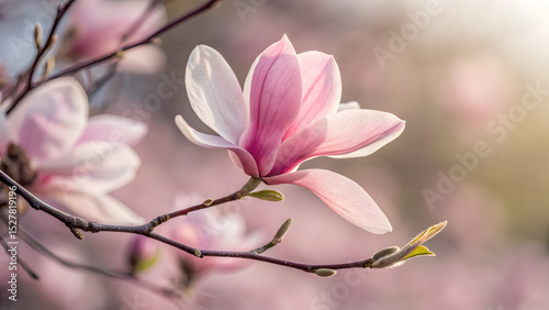 This image captures the delicate beauty of a pink Magnolia flower, a symbol of springtime freshness and renewal, in a gentle, soft-focus close-up